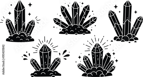 Minimalist black crystal cluster vector set showing five variations close up low angle with glowing accents sparkles soil base and bold line art monochrome simple icons