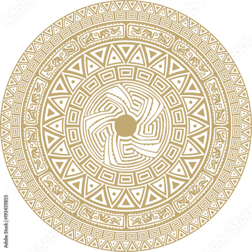 Native American vector round gold pattern. Geometric shapes in a circle. National ornament of the peoples of America, Maya, Aztecs, Incas