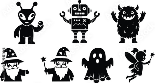 Flat design black silhouette characters close up showing alien robot monster wizard ghost and fairy waving while holding wand and star in set vector icons isolated