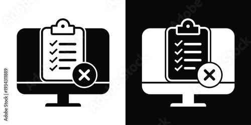 Vector illustration of a computer monitor with a checklist and a cross mark badge. Concept of rejected online application, failed verification, or declined digital form submission.