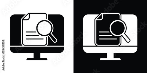 Vector illustration of a computer screen with a document and magnifying glass. Represents digital file search, online document auditing, data verification, and web research concepts.