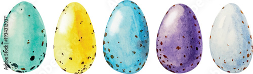 Watercolor hand drawn vector illustration. Easter eggs in a line, row of pastel painted decorated or ornate eggs. Concept of Easter Egg Hunt Game, poster, card, flyer, banner. Happy Easter greeting.