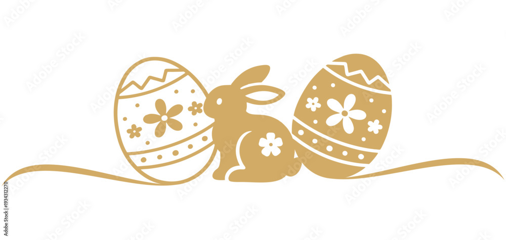 Fototapeta premium Vector illustration of an Easter bunny with two Easter eggs with golden silhouettes