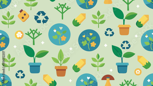 Repeat Pattern With Recycle Symbols And Tiny Plant Vector Illustration
