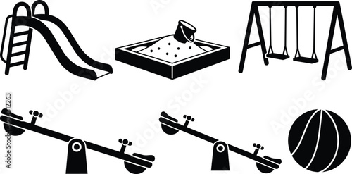 Minimalist vector icon set close up playground equipment showing slide sandbox swings seesaw and ball in bold black silhouette style isolated on white background with clean