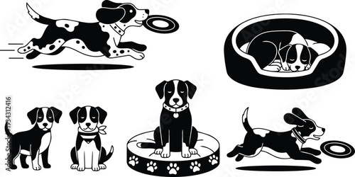 Minimalist black and white vector art close up playful beagle puppy running with frisbee and jumping sleeping in round bed multiple puppy poses side view illustration