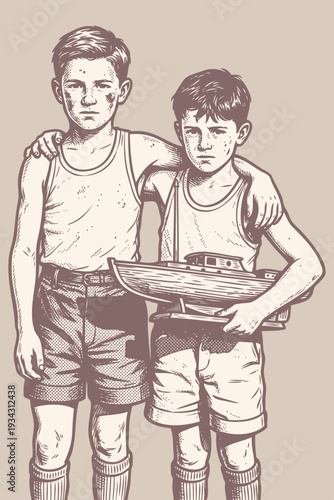 Vintage vector engraving of two boys standing together. One holds a wooden toy boat. Retro childhood illustration of friends hugging.