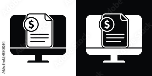 Vector graphic of a computer screen displaying a document with a dollar sign. Ideal for online banking, digital invoicing, electronic bill payment, and financial report concepts.