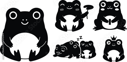 Flat vector set of six cute sitting frog icons showing smiling frog holding mushroom sleeping pair crowned frog and various expressions isolated on white minimal