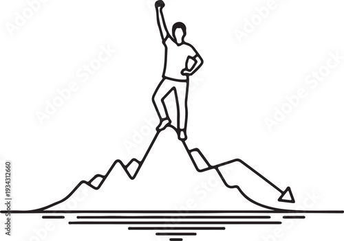 "Achievement vector illustration showing person standing triumphantly on mountain peak symbolizing success, reaching goals, and overcoming challenges"