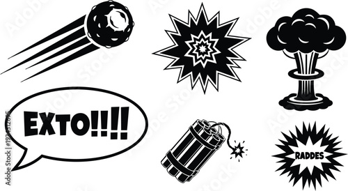 Retro comic explosion icons set showing meteor dynamite mushroom cloud speech bubble jagged bursts and stylized starburst emblems in bold black vector art flat design minimal