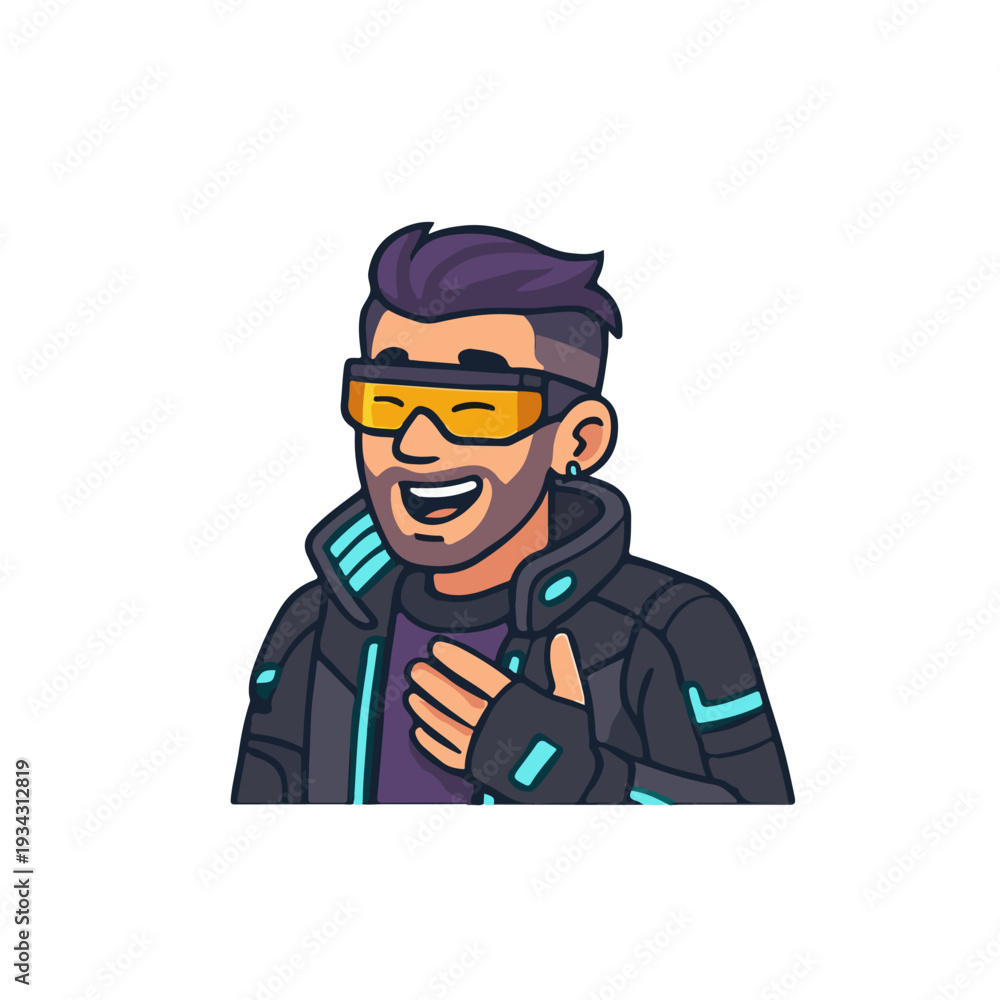 Obraz premium Cyberpunk man laughing. Futuristic character laughing. Sci-fi happy gesture