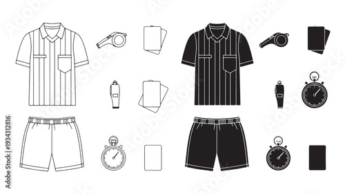 Referee outfit accessories collection in black and white line art for sports editorial