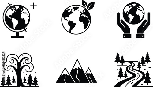 Set of eco friendly nature icons with globe world maps mountain peaks forest trees and river landscape cad drawing flat vector illustration