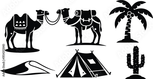 Minimalist black vector art flat icon two camels facing each other with saddle ropes tent sand dune palm tree and cactus silhouette side view camping scene