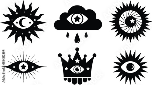 Minimalist flat vector mystical eye badge icons six black sun moon crown cloud symbols arranged in two rows close up high contrast ornamental retro centered silhouette