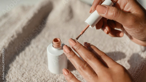 Wallpaper Mural Close-up of hands applying nude nail polish with a brush from a white bottle Torontodigital.ca