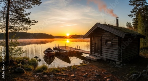 Wooden cabin by lake at sunrise, boats tied at dock, with chimney smoke