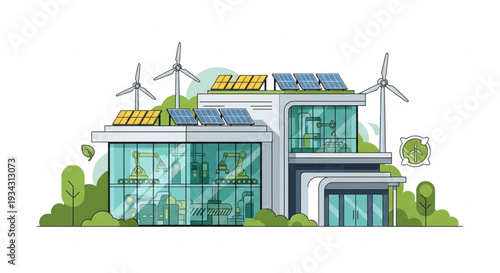 Modern Eco Friendly House With Solar Panels and Wind Turbines.