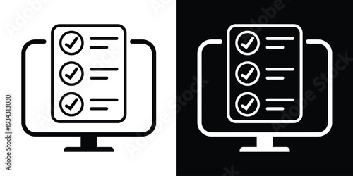 Flat icon of a clipboard with checkmarks on a monitor. Ideal for illustrating online task management, survey completion, electronic checklists, and digital project organization.