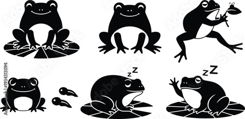 Minimalist vector frog icons set showing smiling sitting and jumping frogs catching insect sleeping tadpole pair on lily pad close up flat design simple black silhouette