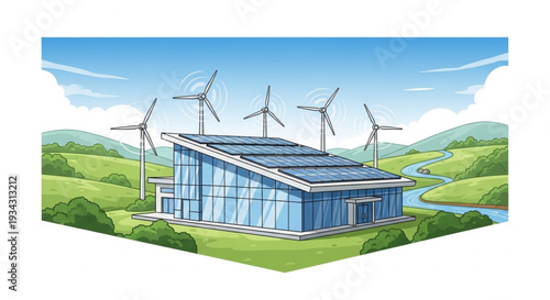 Modern Eco Friendly House with Solar Panels and Wind Turbines.
