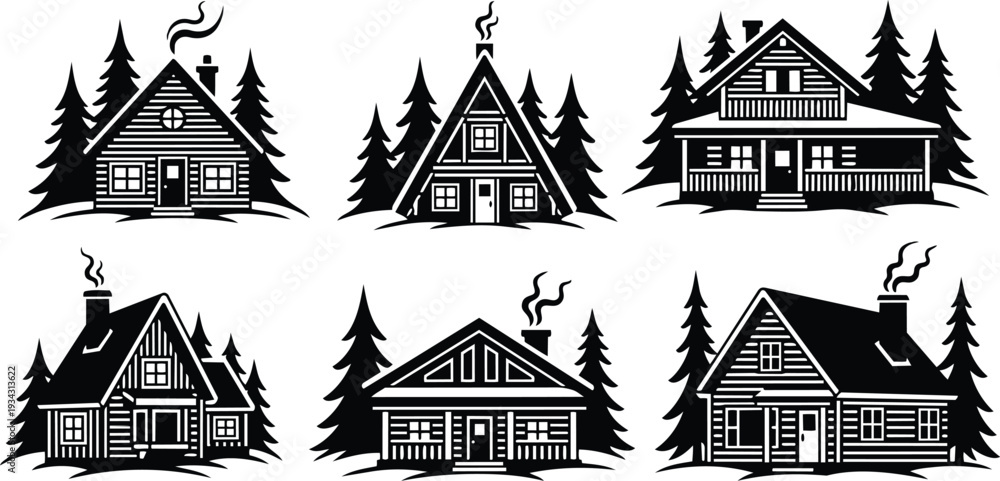 Naklejka premium Rustic vector cabin icons set showing six different wooden mountain cabins front view with pine trees chimneys smoke varied roofs close up composition black silhouette woodcut
