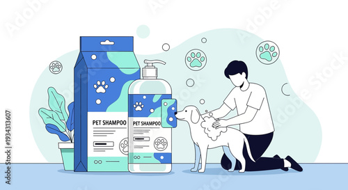 Pet Grooming Products: Shampoo Bottle, Box, and Owner Washing Dog