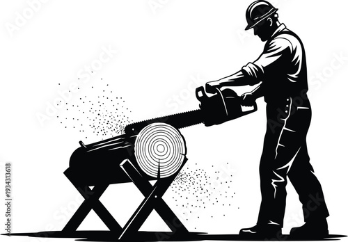 Man operating a chainsaw to cut a log