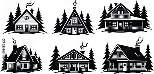 Rustic vector cabin icons set showing six different wooden mountain cabins front view with pine trees chimneys smoke varied roofs close up composition black silhouette woodcut