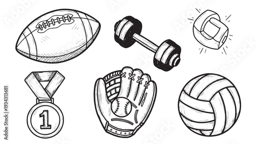Sports equipment icons in black and white line drawing for athletic branding