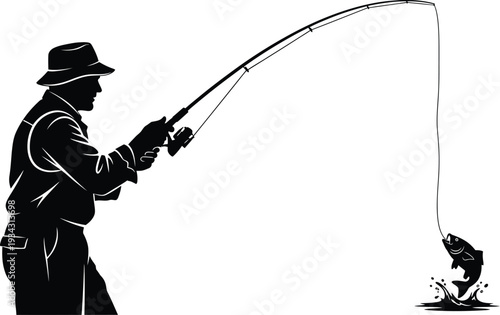 Silhouette of a man fishing with a bent rod and a caught fish