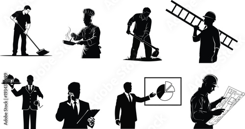 Silhouette illustrations of business professionals in various work related activities