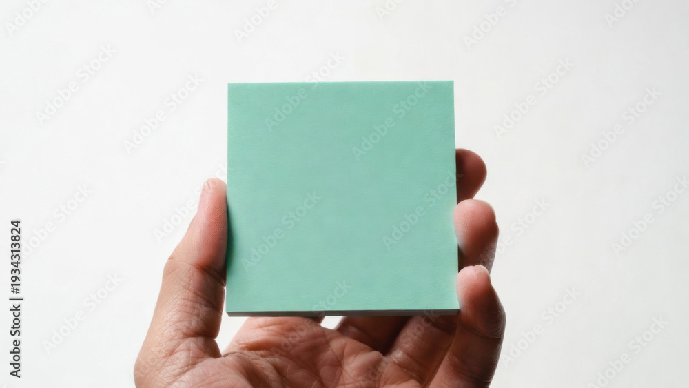 Fototapeta premium Hand holding a blank green sticky note against a white background for notes and reminders