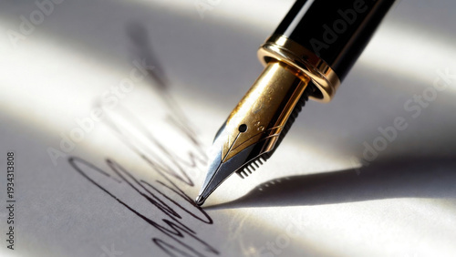 Wallpaper Mural Close-up of a gold and black fountain pen writing on paper with dramatic lighting Torontodigital.ca