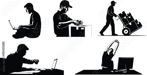 Silhouette of a man performing various tasks with technology