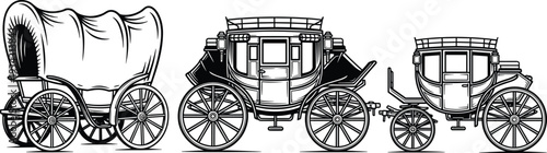 Vintage horse drawn carriage and stagecoach silhouette set, classic western transport wagons isolated on white background for historical transportation design