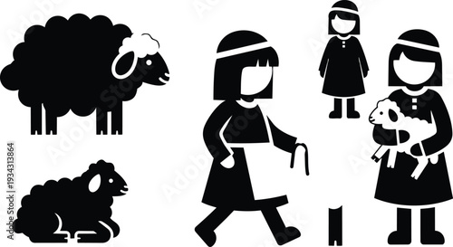 Minimalist black silhouette flat design children shepherd girl holding lamb walking with staff and additional sheep icons isolated on white background vector art simple bold shapes