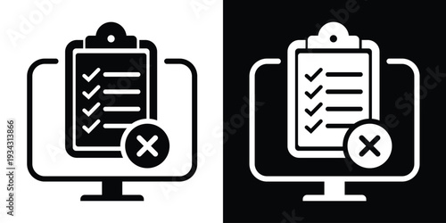 Vector illustration of a computer monitor with a checklist and a cross mark badge. Concept of rejected online application, failed verification, or declined digital form submission.