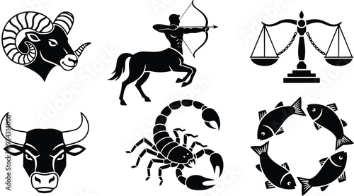 Flat vector zodiac icon set showing ram archer scales bull scorpion and fish arranged in clean black silhouette layout for astrology charts minimalist isolated profile icons