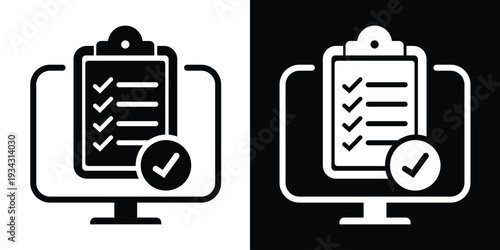 Flat icon of a clipboard with checkmarks on a monitor. Ideal for illustrating online task management, survey completion, electronic checklists, and digital project organization.