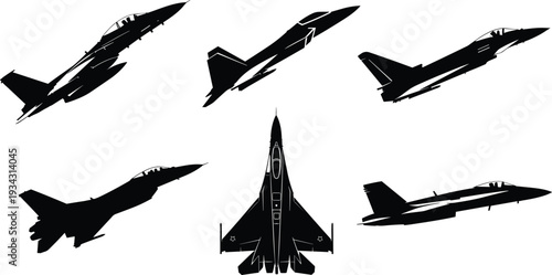Set of fighter jet silhouettes with modern military aircraft flying and climbing in different angles isolated on white background, cad drawing flat vector illustration