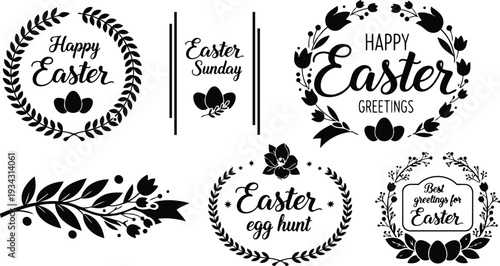 Minimalist vector art close up of floral easter wreaths with eggs and script lettering arranged in horizontal layout for seasonal greeting card mockup flat black silhouette
