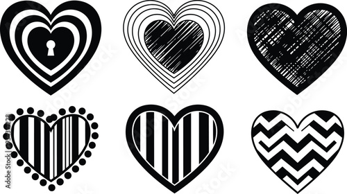 Minimalist black and white flat vector six decorative heart icons arranged in two by three showing keyhole scribble striped dotted chevron patterns close up centered composition