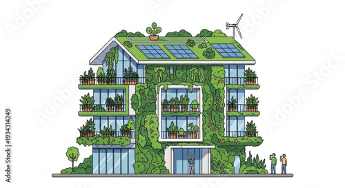 Modern Eco-Friendly Building with Green Roof and Solar Panels.