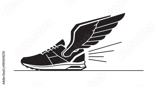 Black running shoe with wing taking off in motion on white background for sports branding