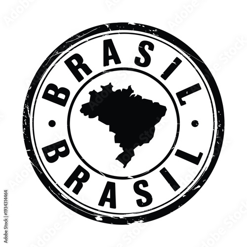 A black and white stamp depicting the country of brazil and its shape