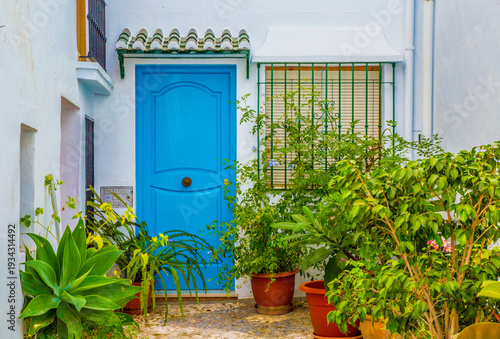 Charming blue door with potted plants in a sunlit Mediterranean courtyard