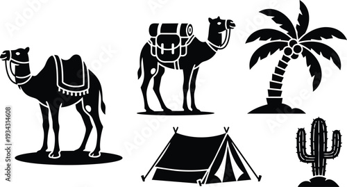 Minimalist silhouette vector art showing two camels in side view with saddles and a desert tent palm and cactus in black and white flat design rustic