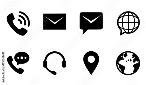 A set of black and white communication icons on a white background